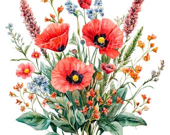 Watercolor Poppy Clipart: 24 PNG Floral Images (Digital Download)