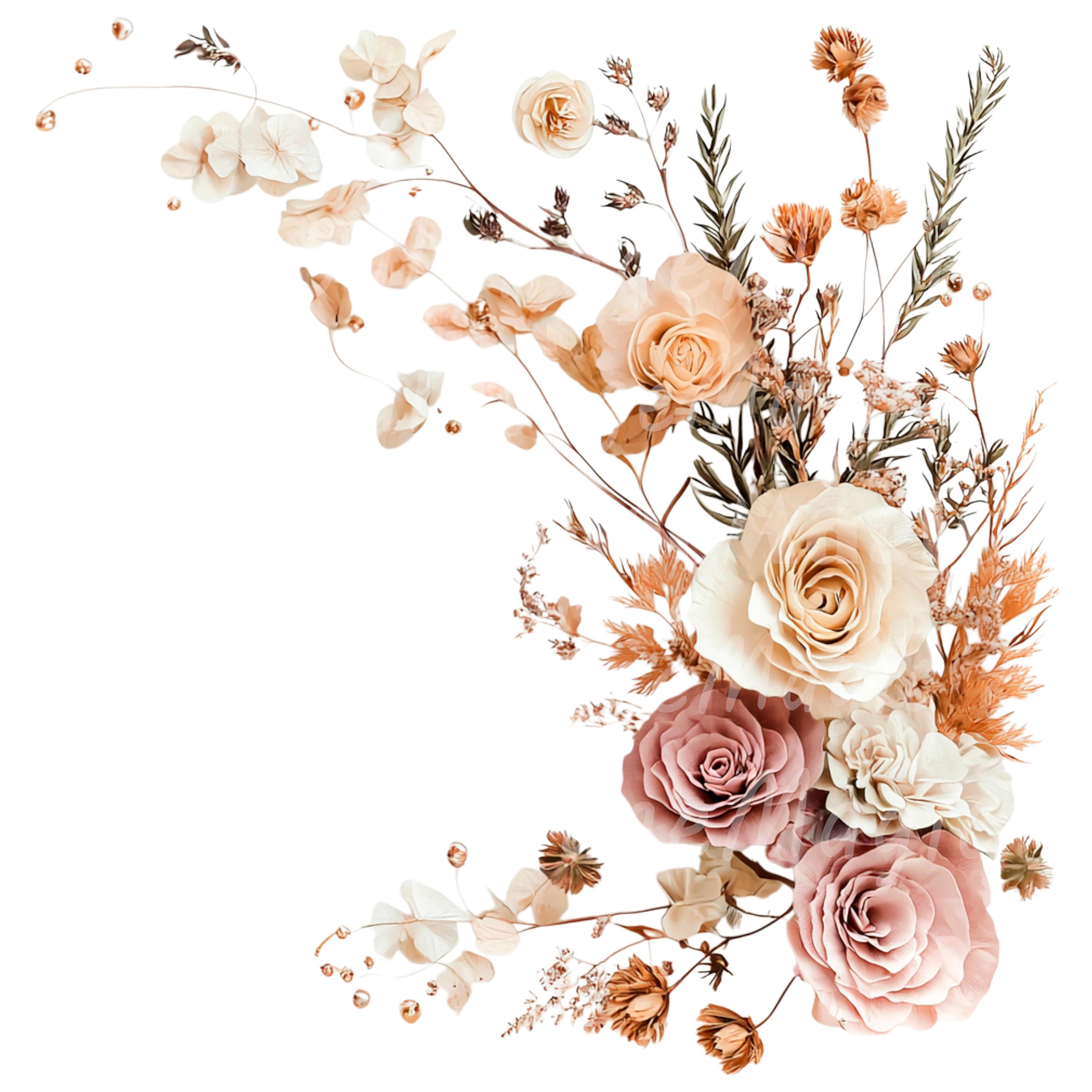 24 Boho Blumen Bouquet Clipart, Blumen Wandkunst, elegante, druckbare Aquarell Clipart, hochwertige PNGs, Papiermodelle, Junk Journals