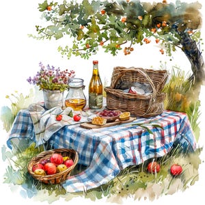 19 lente picknick clipart, picknick in het park, afdrukbare aquarel clipart, hoge kwaliteit JPG, digitale download, Paper Craft, junk journal