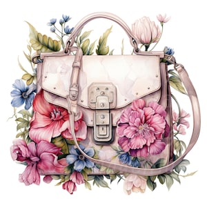 18 Floral sac à main Clipart PNG, sac à main floral, pochette florale, clipart numérique, clipart aquarelle imprimable, téléchargement numérique, créations en papier