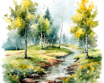 19 Frühling Landschaft Clipart, Frühling Clipart, druckbare Aquarell Clipart, hohe Qualität JPG / PNG, digitaler Download, Papiermodell, Junk Journal
