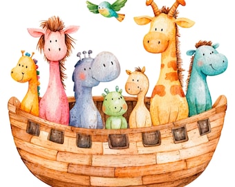 14 Cartoon Noah's Ark, Nursery Noah's Ark, Printable Watercolor clipart, High Quality PNG/JPG, Digital download, Paper craft,  Junk Journals