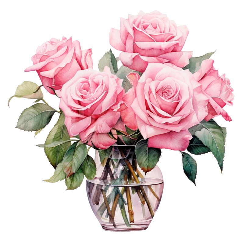 19 Roses in Vase Clipart, Pink Roses, Printable Watercolor Clipart ...