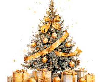 May include: A watercolour illustration of a Christmas tree adorned with gold baubles, a large bow, and a ribbon. Gold-wrapped gift boxes and baubles are at the base, creating a festive holiday scene.