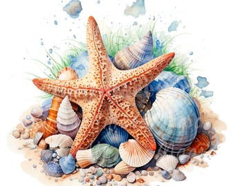 24 Sea Shells Clipart, Seashell Clipart, Printable Watercolor clipart, High Quality PNG/JPGs, Digital download, Paper craft, Junk Journal