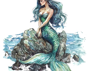 16 Watercolor Mermaid Clipart, Mermaid On Stone, Printable Watercolor clipart, High Quality JPG/PNGs, Digital download, Paper craft, Journal