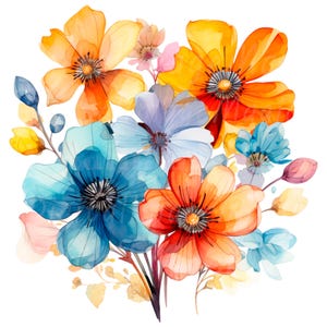 Peut inclure: Illustration à l'aquarelle d'un bouquet de fleurs aux tons orange, jaune, bleu et violet. Les fleurs ont des pétales délicats et des centres foncés, avec quelques boutons et feuilles visibles. L'œuvre est sur fond blanc.