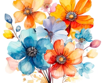 16 Abstract Flower Clipart, Flowers Print, Printable Watercolor clipart, High Quality JPG/PNGs, Digital download, Paper craft, junk journals