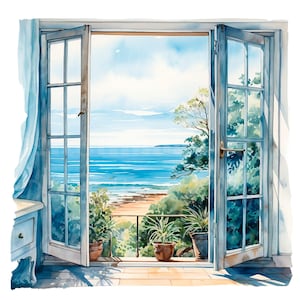 19 Window Ocean View Clipart, Window to sea Clipart, Printable Watercolor clipart, High Quality JPG/PNGs, Digital download, Paper craft
