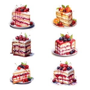 Könnte beinhalten: Aquarellillustration von sechs Stücken Schichtkuchen, jedes belegt mit frischem Obst. Die Kuchen haben eine weiße Glasur, rote Fruchtsauce und verschiedene Früchte wie Kirschen, Beeren und Orangenscheiben. Jedes Stück liegt auf einem kleinen weißen Teller.