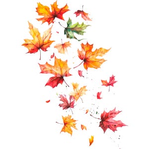 Könnte beinhalten: Aquarellmalerei von Herbstblättern in Rot-, Orange-, Gelb- und Grüntönen. Die Blätter fallen von einem Baum und liegen auf dem Boden.
