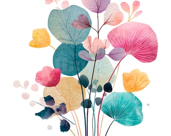19 Abstract Flowers Clipart, Bohemiam Flowers, Printable Watercolor clipart, High Quality PNG/JPGs, Digital download, Paper craft, Journals