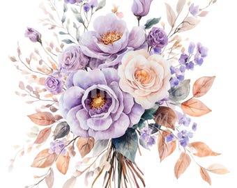 24 Purple Flowers Bouquet Clipart, Violet Floral, Printable Watercolor clipart, High Quality PNG, Digital download, Paper craft, Journal
