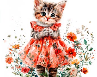 24 Floral Kitten Clipart, Shabby Chic Clipart, Printable Watercolor clipart, High Quality JPGs, Digital download, Paper craft, Junk journal