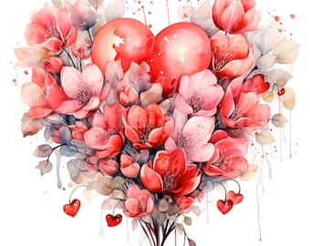 Ramo de corazones florales (14 imágenes PNG/JPG) (Descarga digital)
