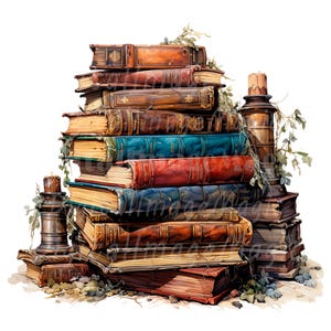 May include: A stack of antique books with aged leather covers in shades of brown, teal, and red. The books are arranged in a haphazard pile, with a few candles and decorative greenery adding to the vintage aesthetic. The image evokes a sense of history and knowledge.