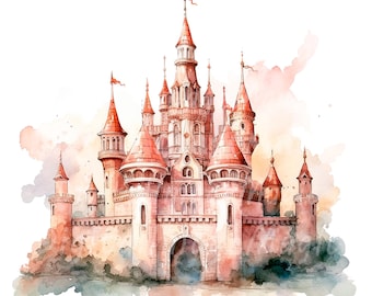 May include: A watercolor painting of a pink castle with multiple towers and a large arched entrance. The castle is surrounded by a lush green forest and a cloudy sky.