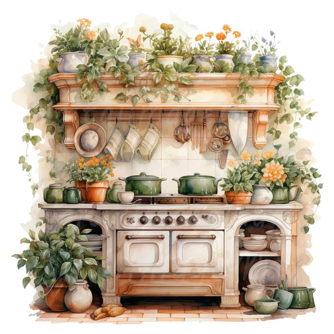 vintage floral kitchen scene clipart set graphic by... 19 Vintage Floral Kitchen Clipart, Shabby Chic, Printable Watercolor ...