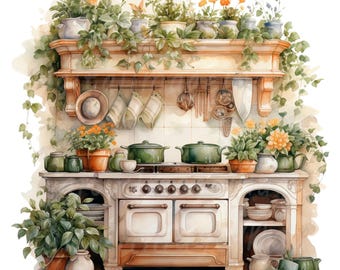 May include: A vintage white stove with a decorative hood and a shelf above. The stove has a cast iron look and is surrounded by green plants and pots.