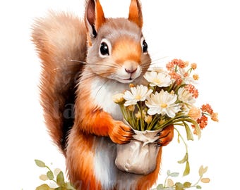 19 Squirrel Clipart, Flowers bouquet, Printable Watercolor clipart, High Quality PNG/JPGs, Digital download, Paper craft, junk journals