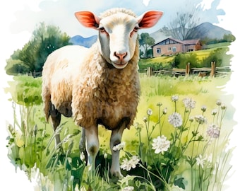 19 PNG Farmyard Sheep Clipart, Printable Watercolor clipart, High Quality PNG, Digital download, High resolution, Paper craft, junk journals