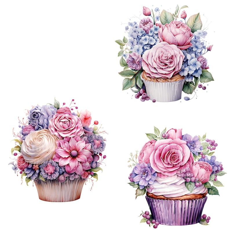 24 Floral Cupcake Clipart, Cupcake Prints, Printable Watercolor Clipart ...