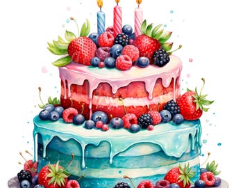 34 Tasty Birthday Cake Clipart, Cake Clipart, Printable Watercolor clipart, High Quality PNGs, Digital download, Paper craft, junk journals