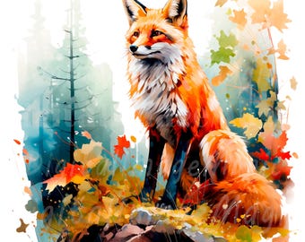 Fox in Forest Clipart, Printable Watercolor clipart, 20 High Quality PNG/JPGs, Digital download, High resolution, Paper crafts, Junk journal