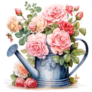 19 Floral Watering Can Clipart, Water Can, Printable Watercolor clipart, High Quality JPG/PNGs, Digital download, Paper craft, junk journals