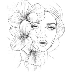34 clipart floral visage de femme, dessin au trait, clipart aquarelle imprimable, JPG/PNG de haute qualité, téléchargement numérique, créations en papier, journaux