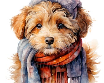 19 Fluffy Dog in Scarf Clipart, Winter Dog, Printable Watercolor clipart, High Quality JPG/PNG, Digital download, Paper craft, junk journals