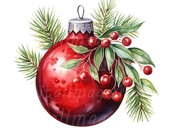 24 Red Bauble Clipart, Christmas Bauble Clipart, Printable Watercolor clipart, High Quality PNG, Digital download, Paper craft, Junk journal