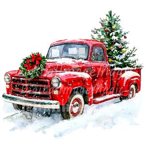 14 Pickup truck przewożący choinkę Clipart, Wydrukowalne akwarelowe clipart, Wysokiej jakości PNG, Pobieranie cyfrowe, Rękodzieło papierowe, dziennik śmieci