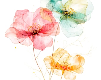 16 abstracte bloemen clipart, bloemen print, afdrukbare aquarel clipart, hoge kwaliteit png's, digitale download, Paper Craft, ongewenste tijdschriften