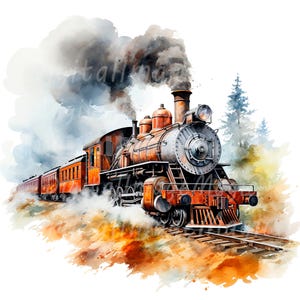 12 cartoon locomotieven clipart, antieke trein, afdrukbare aquarel clipart, hoge kwaliteit JPG/PNG's, digitale download, Papercraft, Journal