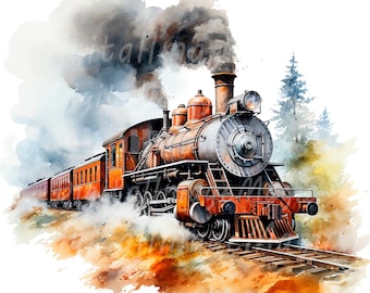 12 Cartoon Locomotives Clipart, Antique Train, Printable Watercolor clipart, High Quality JPG/PNGs, Digital download, Paper craft, Journal