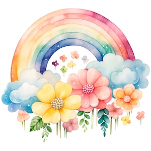 19 imágenes prediseñadas de arcoíris variadas, arcoíris infantil en flores, imágenes prediseñadas de acuarela imprimibles, PNG/JPG de alta calidad, descarga digital, manualidades de papel