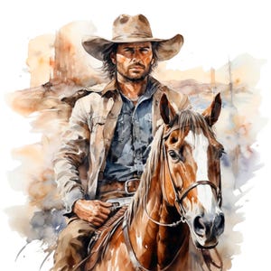 Könnte beinhalten: Ein Aquarellbild eines Cowboys, der ein braunes und weißes Pferd reitet. Der Cowboy trägt einen braunen Hut, eine braune Jacke und ein blaues Hemd. Das Pferd trägt ein braunes Zaumzeug und einen braunen Sattel.