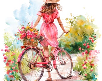 Clipart bloemen fiets: aquarel vrouw op fiets (digitale png-download)