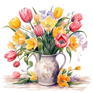 19 Clipart di fiori primaverili in vaso, tulipani, clipart di acquerelli stampabili, PNG/JPG di alta qualità, download digitale, artigianato di carta, diari spazzatura