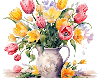 19 Spring Flowers in Vase Clipart, Tulips, Printable Watercolor clipart, High Quality PNG/JPGs, Digital download, Paper craft, junk journals