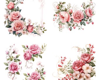 May include: Four watercolor illustrations of pink roses with green leaves and stems. The roses are arranged in different floral designs, including a frame, a corner bouquet, and two smaller bouquets.