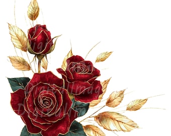 16 Red Gold Rose Clipart, Red Rose Stem, Printable Watercolor clipart, Digital download, High Quality PNG/JPGs, Paper craft, Junk Journals