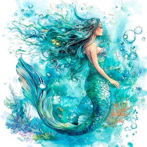 19 Clipart sirène aquarelle, mode sirène, clipart aquarelle imprimable, JPG/PNG de haute qualité, téléchargement numérique, créations en papier, journaux