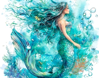 19 Watercolor Mermaid Clipart, Mermaid Fashion, Printable Watercolor clipart, High Quality JPG/PNGs, Digital download, Paper craft, Journals