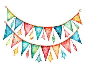 18 Party Bunting Clipart, Coloured Garland Clipart, Printable Watercolor clipart, High Quality PNG/JPGs, Digital download, Paper crafts