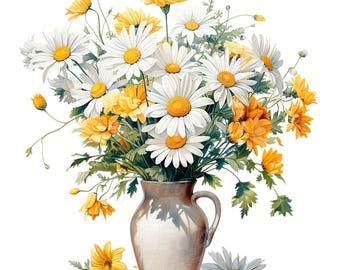 19 Flowers in Rustic Vase Clipart, Daisies, Printable Watercolor clipart, High Quality PNG/JPG, Digital download, Paper craft, junk journals