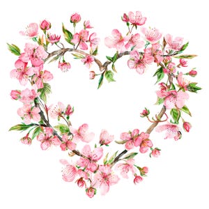 24 imágenes prediseñadas de corona de corazón de flor de cerezo, impresión de flores, imágenes prediseñadas de acuarela imprimibles, PNG de alta calidad, descarga digital, manualidades de papel