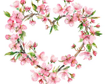 24 Cherry Blossom Heart Wreath Clipart, Flowers Print, Printable Watercolor clipart, High Quality PNGs, Digital download, Paper craft