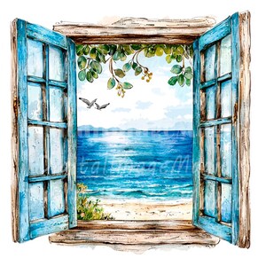 24 Clipart con vista sull'oceano della finestra, Clipart con vista sulla finestra sul mare, Clipart acquerello stampabile, JPG di alta qualità, Download digitale, Carta artigianale